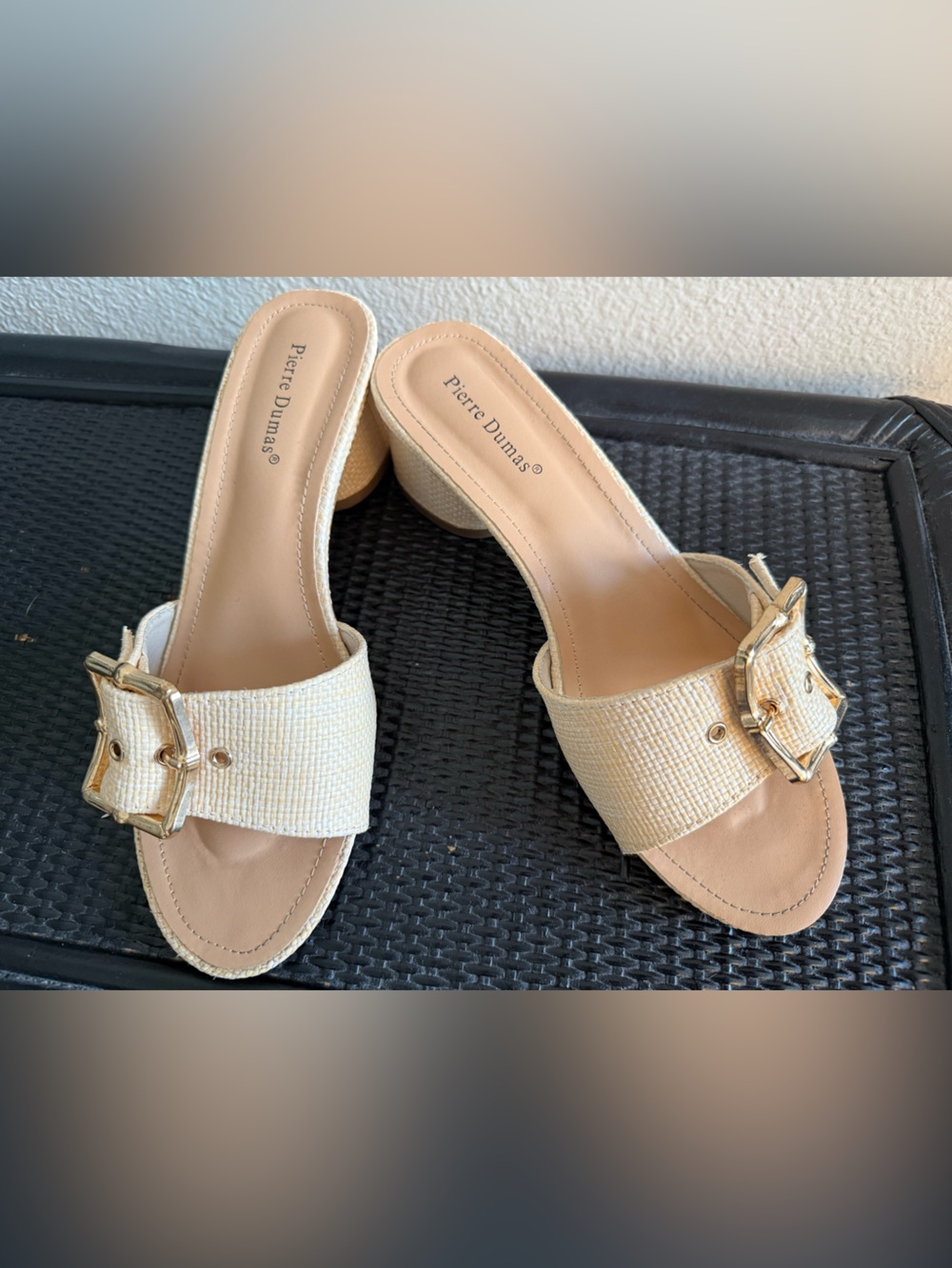 Pierre Dumas Beige Slide Mules with Gold Buckle Accent